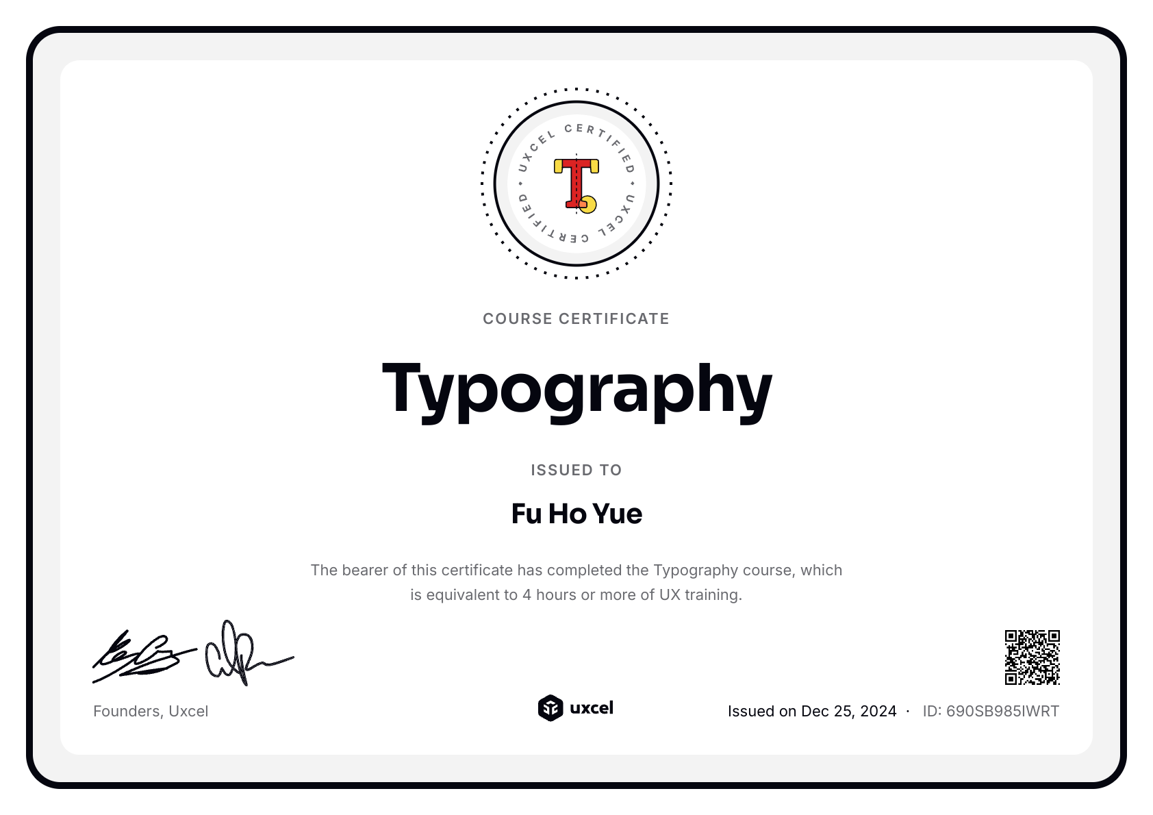 Fu Ho Yue's certificate